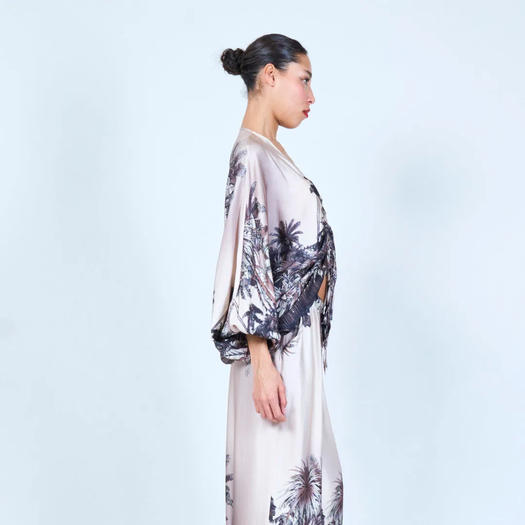 Tropical print ruched silk touch blouse wholesale