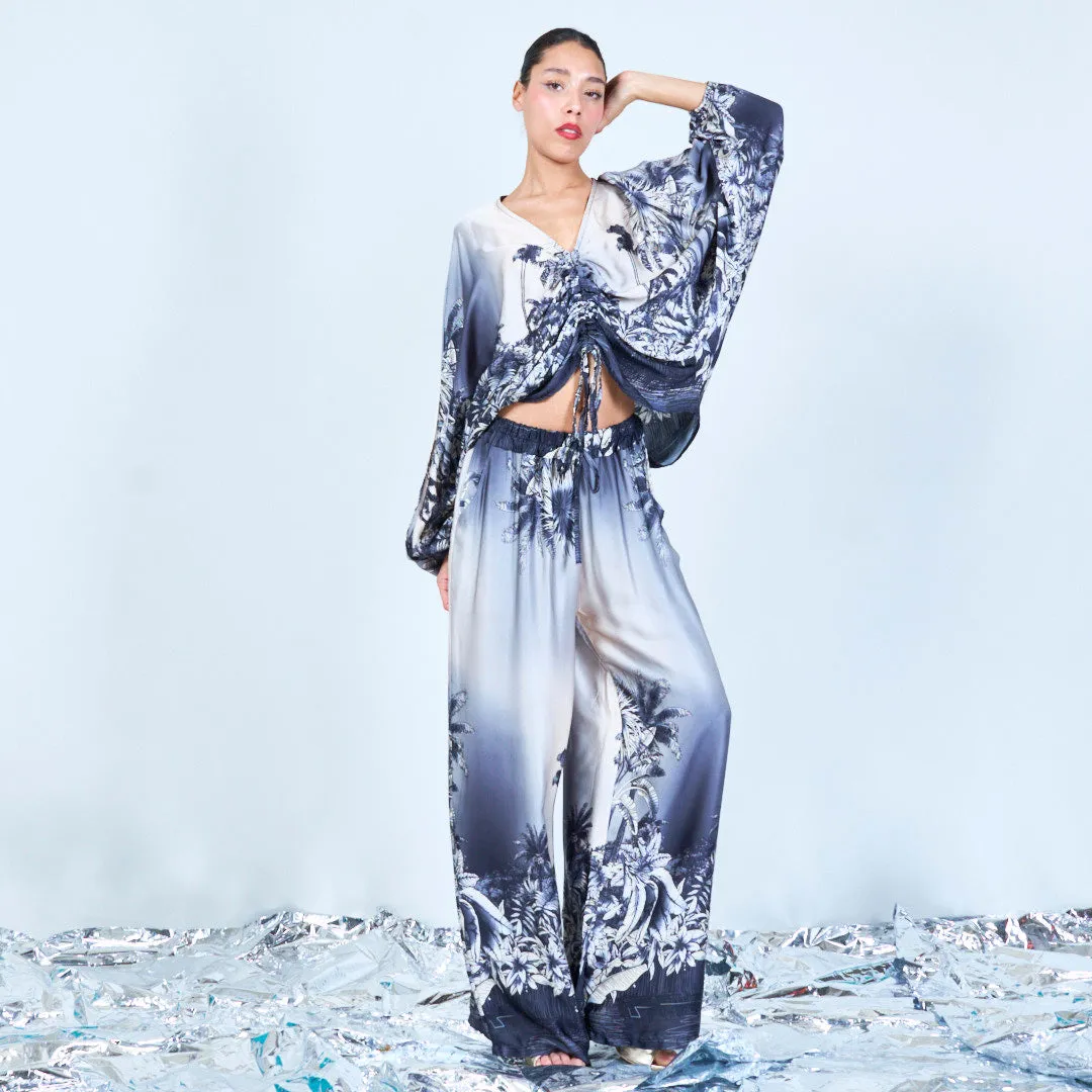 Tropical print ruched silk touch blouse wholesale