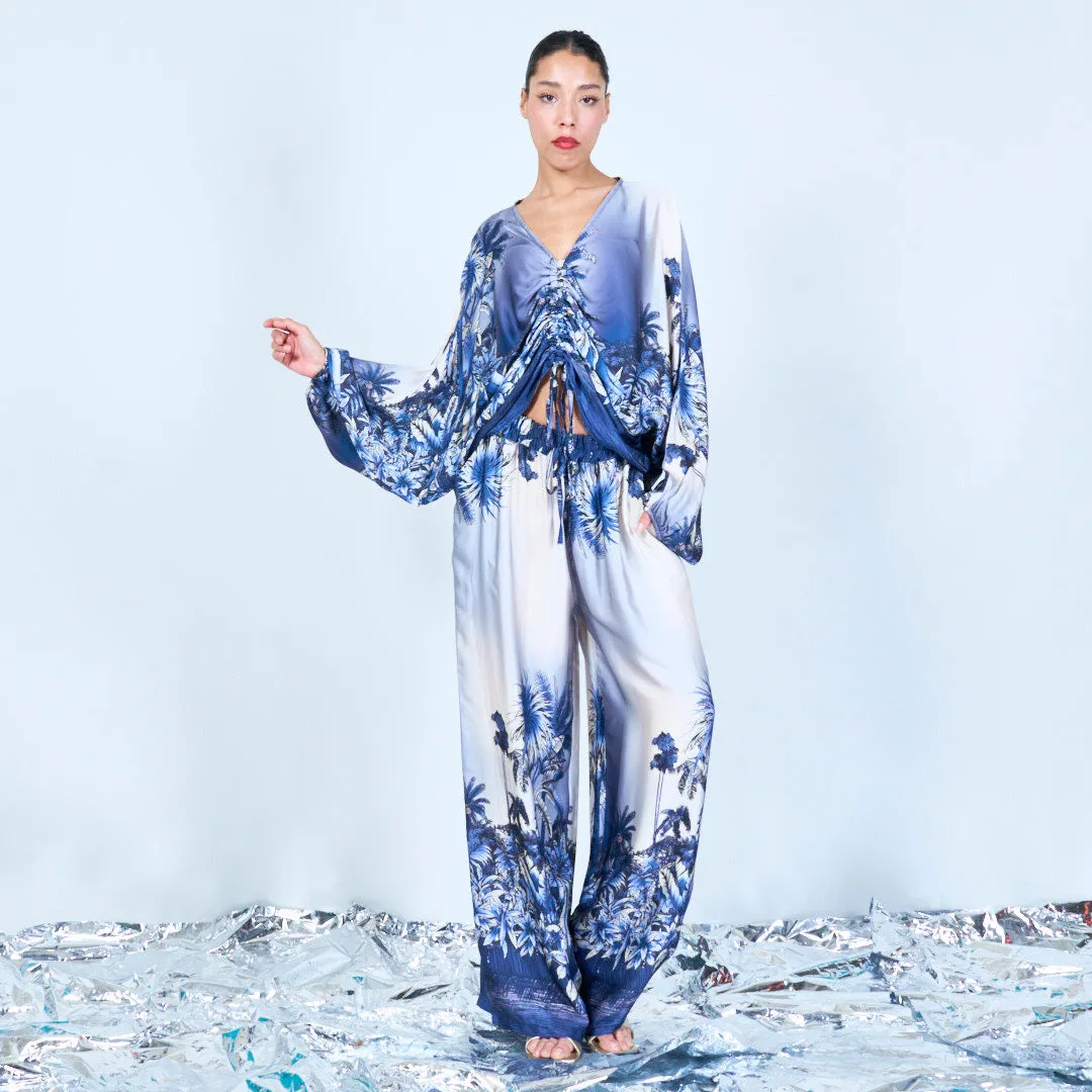 Tropical print ruched silk touch blouse wholesale