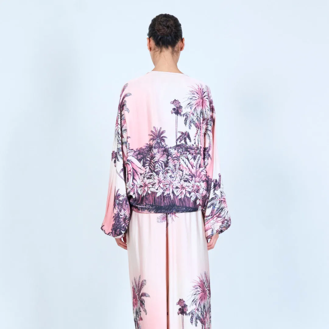 Tropical print ruched silk touch blouse wholesale
