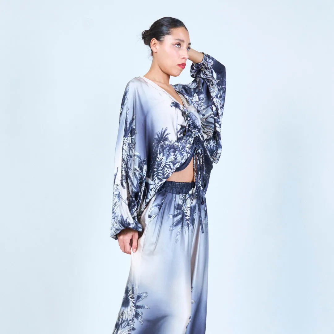 Tropical print ruched silk touch blouse wholesale