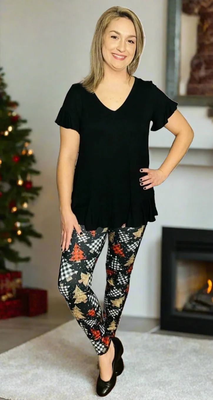 Womens Christmas Tree Leggings, Holiday Plaid Soft Yoga Pants, Sizes OS/TC/TC2, Black/Multi, Yoga Waist, Exclusive Leggings