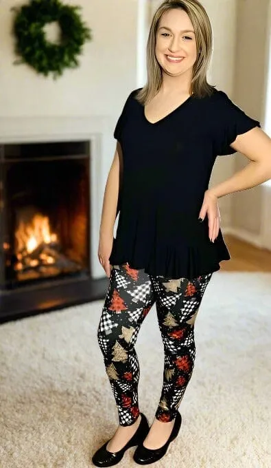 Womens Christmas Tree Leggings, Holiday Plaid Soft Yoga Pants, Sizes OS/TC/TC2, Black/Multi, Yoga Waist, Exclusive Leggings