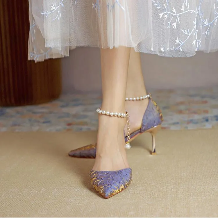 Women's Pearl Wedding Shoes for Bride High Heels Pointed Toe Satin Pumps