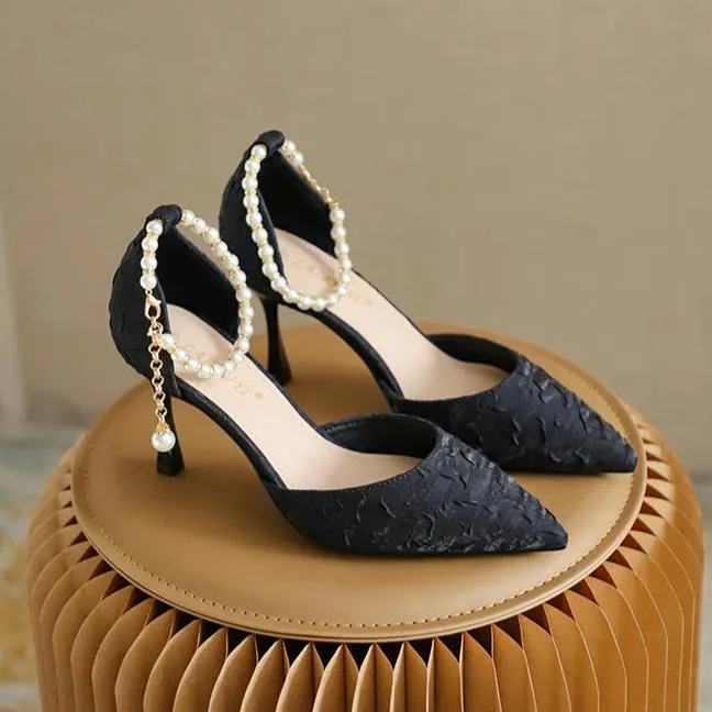 Women's Pearl Wedding Shoes for Bride High Heels Pointed Toe Satin Pumps