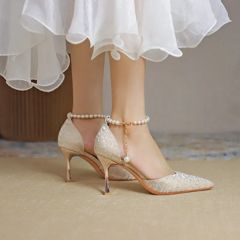Women's Pearl Wedding Shoes for Bride High Heels Pointed Toe Satin Pumps