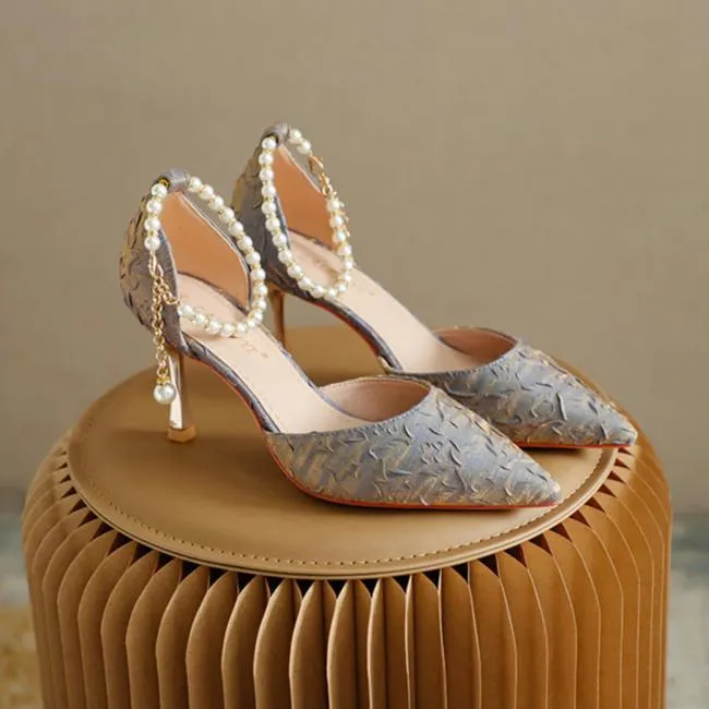 Women's Pearl Wedding Shoes for Bride High Heels Pointed Toe Satin Pumps