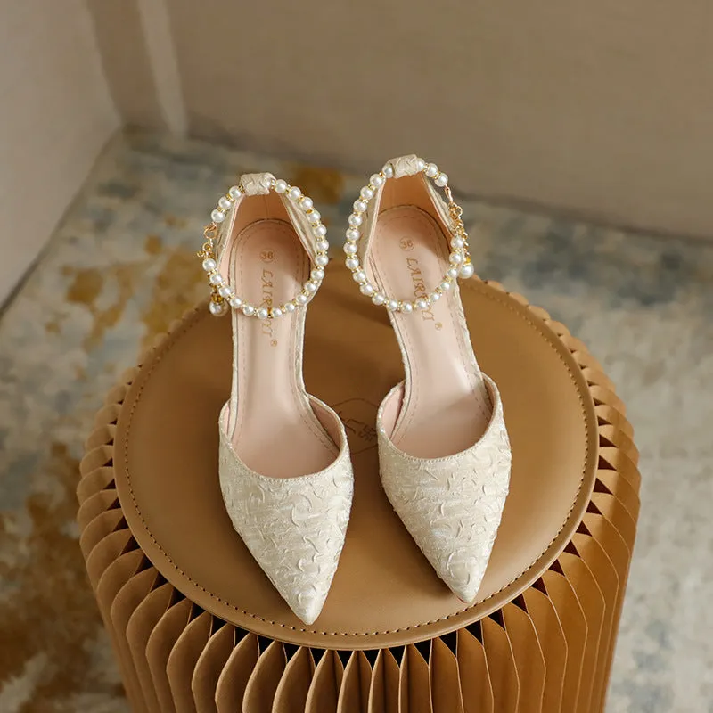 Women's Pearl Wedding Shoes for Bride High Heels Pointed Toe Satin Pumps