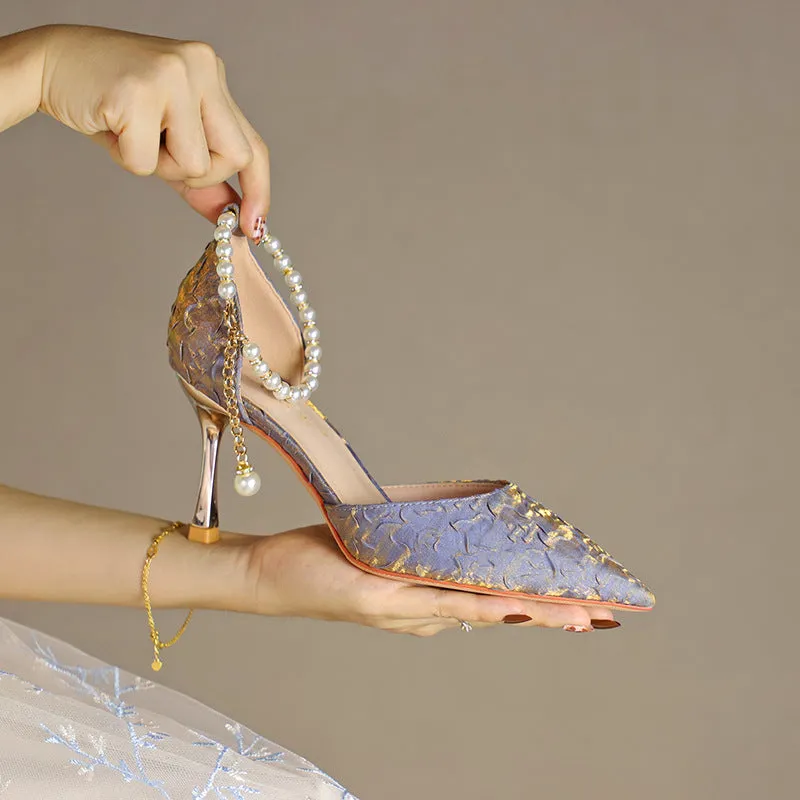 Women's Pearl Wedding Shoes for Bride High Heels Pointed Toe Satin Pumps