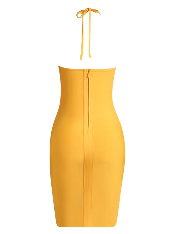 Yellow Floral Cutout Halter Dress