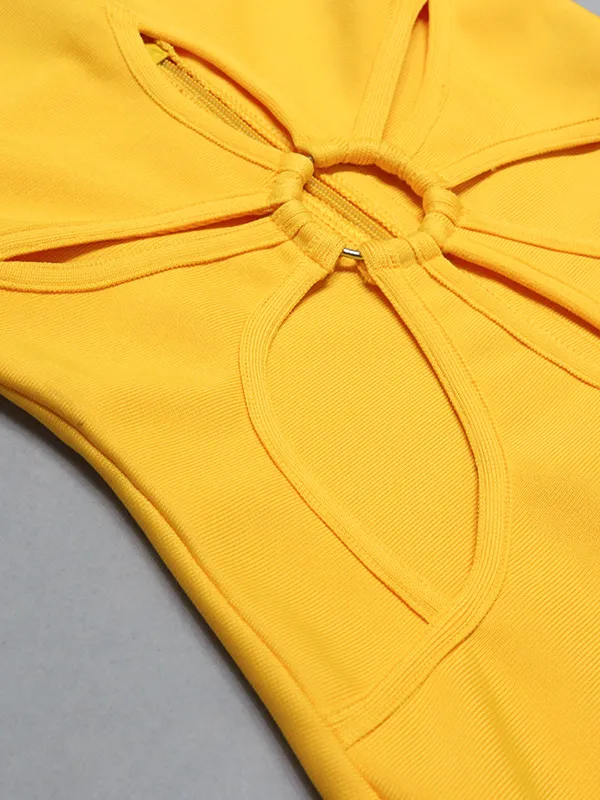Yellow Floral Cutout Halter Dress