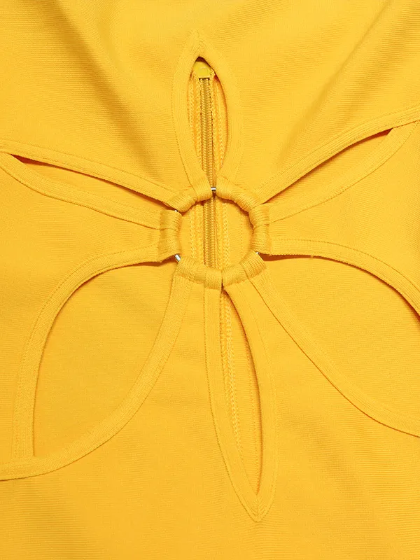 Yellow Floral Cutout Halter Dress