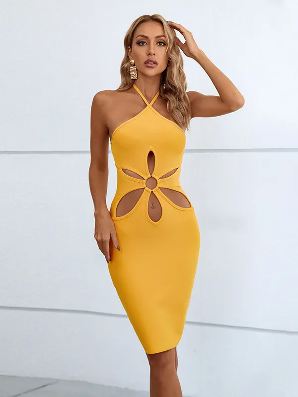 Yellow Floral Cutout Halter Dress