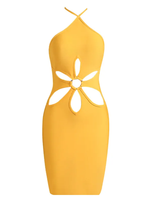 Yellow Floral Cutout Halter Dress