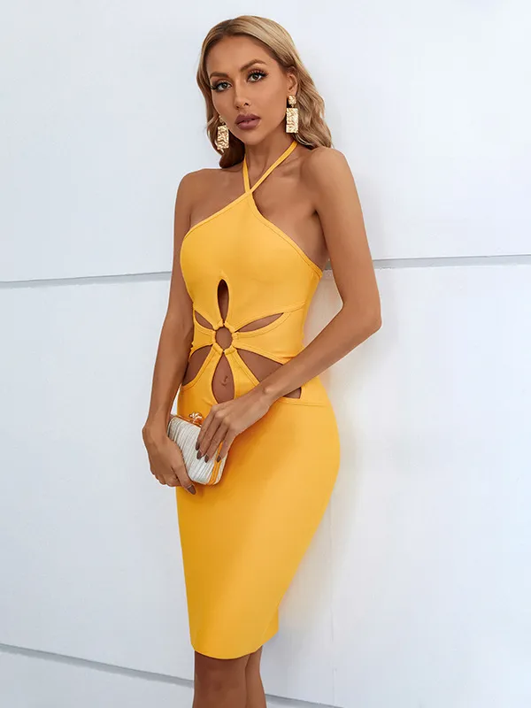 Yellow Floral Cutout Halter Dress