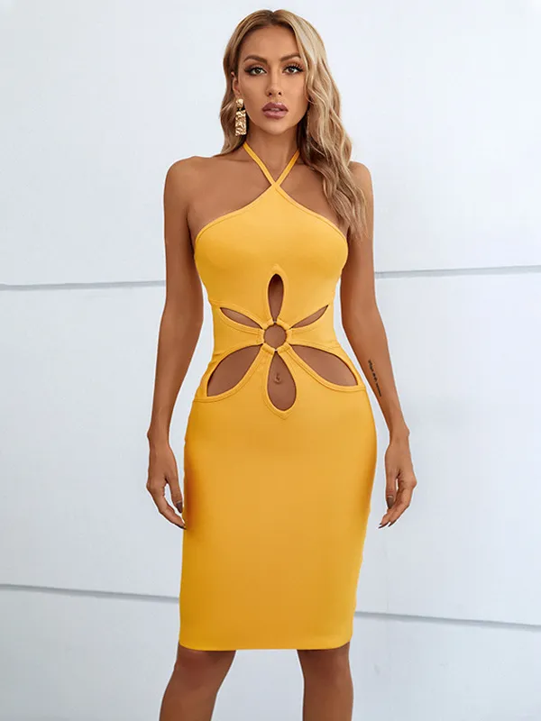 Yellow Floral Cutout Halter Dress