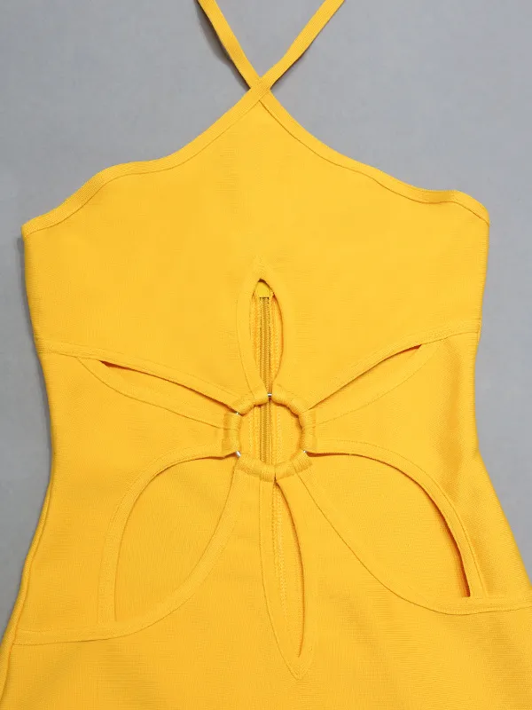 Yellow Floral Cutout Halter Dress