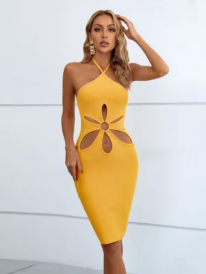 Yellow Floral Cutout Halter Dress