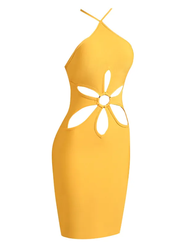 Yellow Floral Cutout Halter Dress